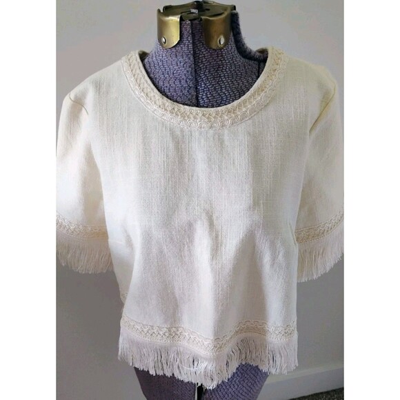 Boden Tops - Boden Cream Linen Top Fringe Trim Crop Simple Luxury Boho Size 8 EUC